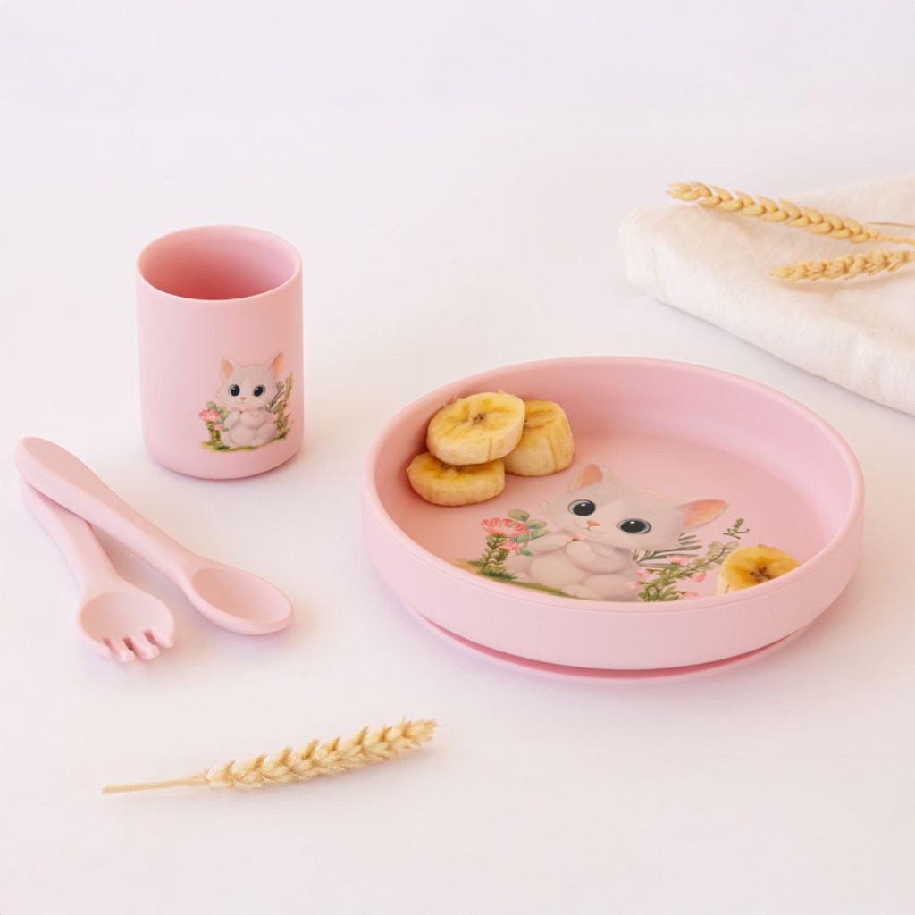 Vajilla bebe silicona 4 piezas gatito rosa