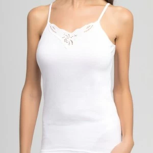Camiseta tirante fino con escote bordado