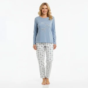 Pijama largo mujer terciopelo azul estampado