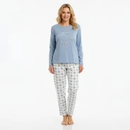 Pijama largo mujer terciopelo azul estampado