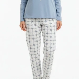 Pijama largo mujer terciopelo azul estampado