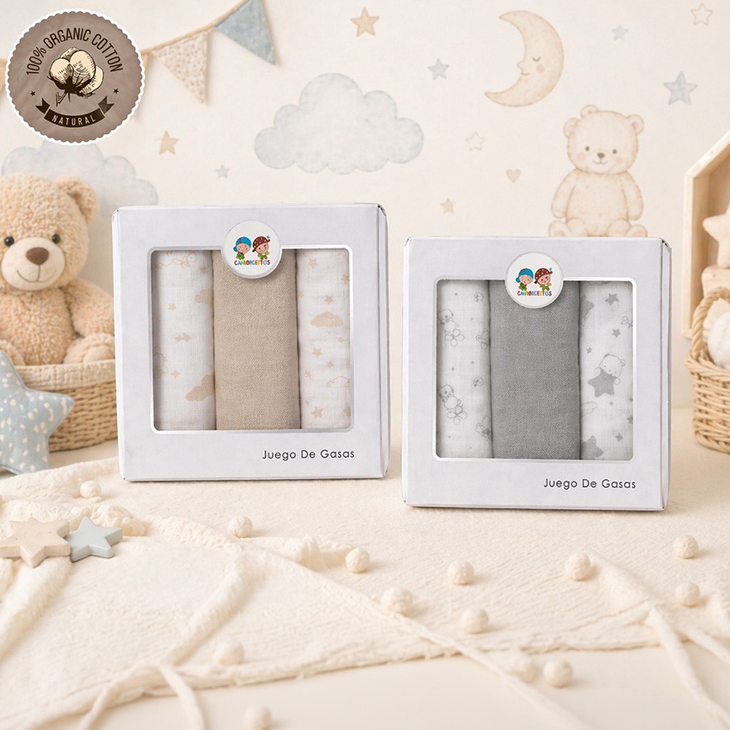 Gasa bebe algod&oacute;n pack 3 en caja regalo