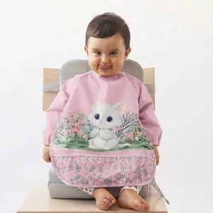 Babero bebe con mangas y recogemigas gatito rosa