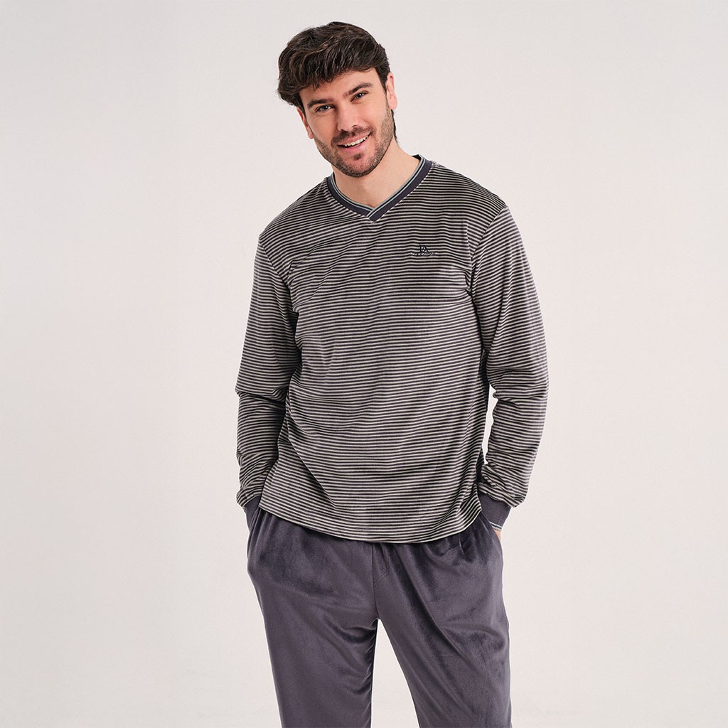 Pijama largo hombre cuello pico