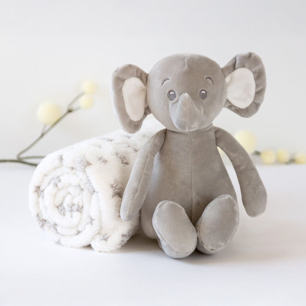 Peluche elefante gris con manta estrellas en caja