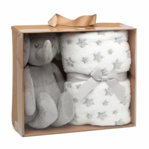Peluche elefante gris con manta estrellas en caja