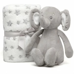 Peluche elefante gris con manta estrellas en caja