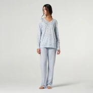 Pijama mujer manga larga cuello pico