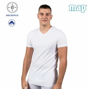 Camiseta algod&oacute;n el&aacute;stico cuello pico manga corta