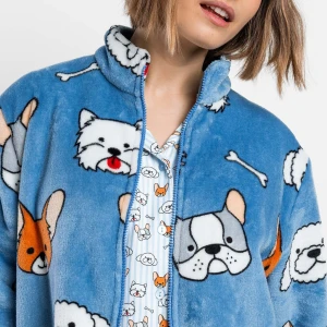 Bata mujer azul con estampado de perros