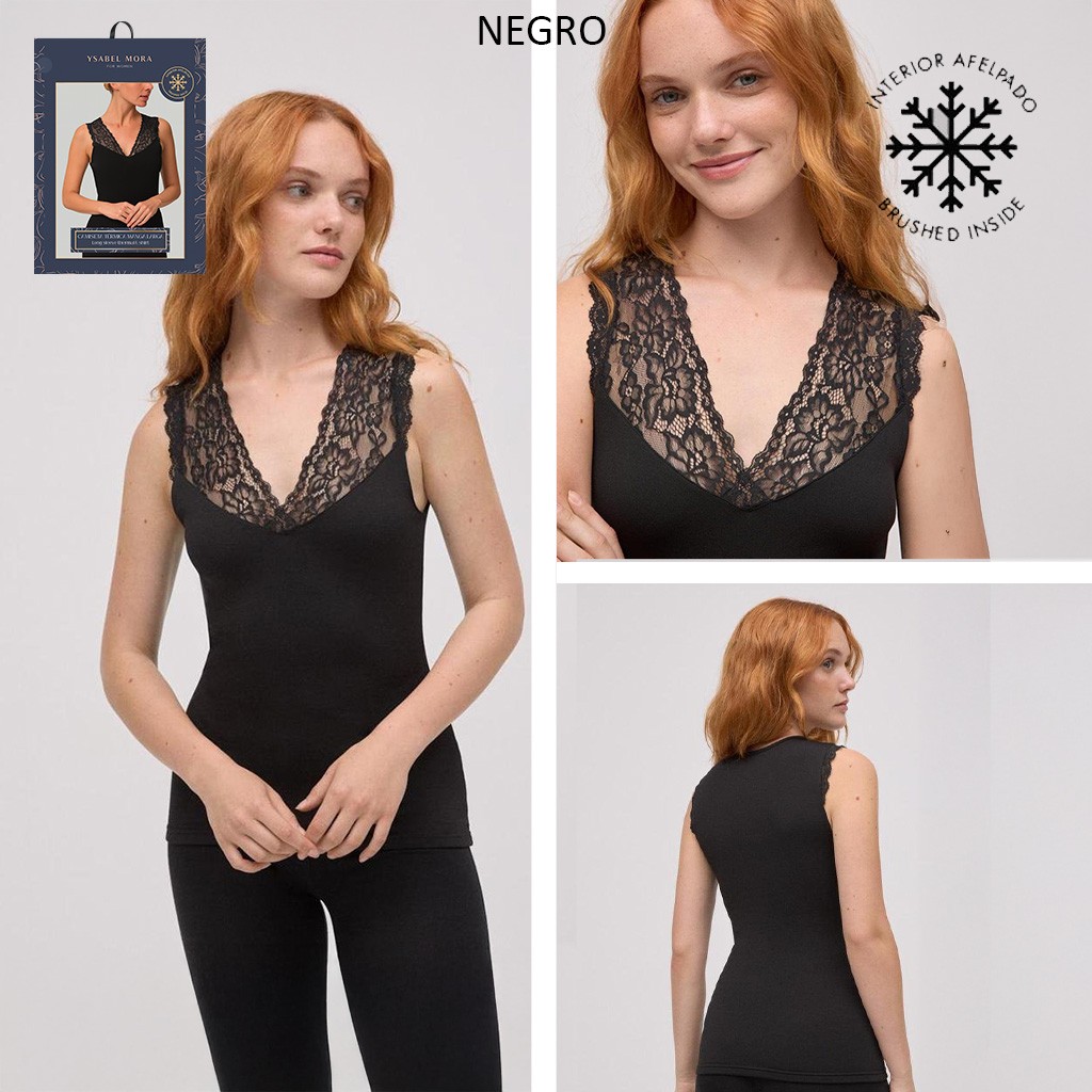 Camiseta termal con encaje cuello pico sin manga