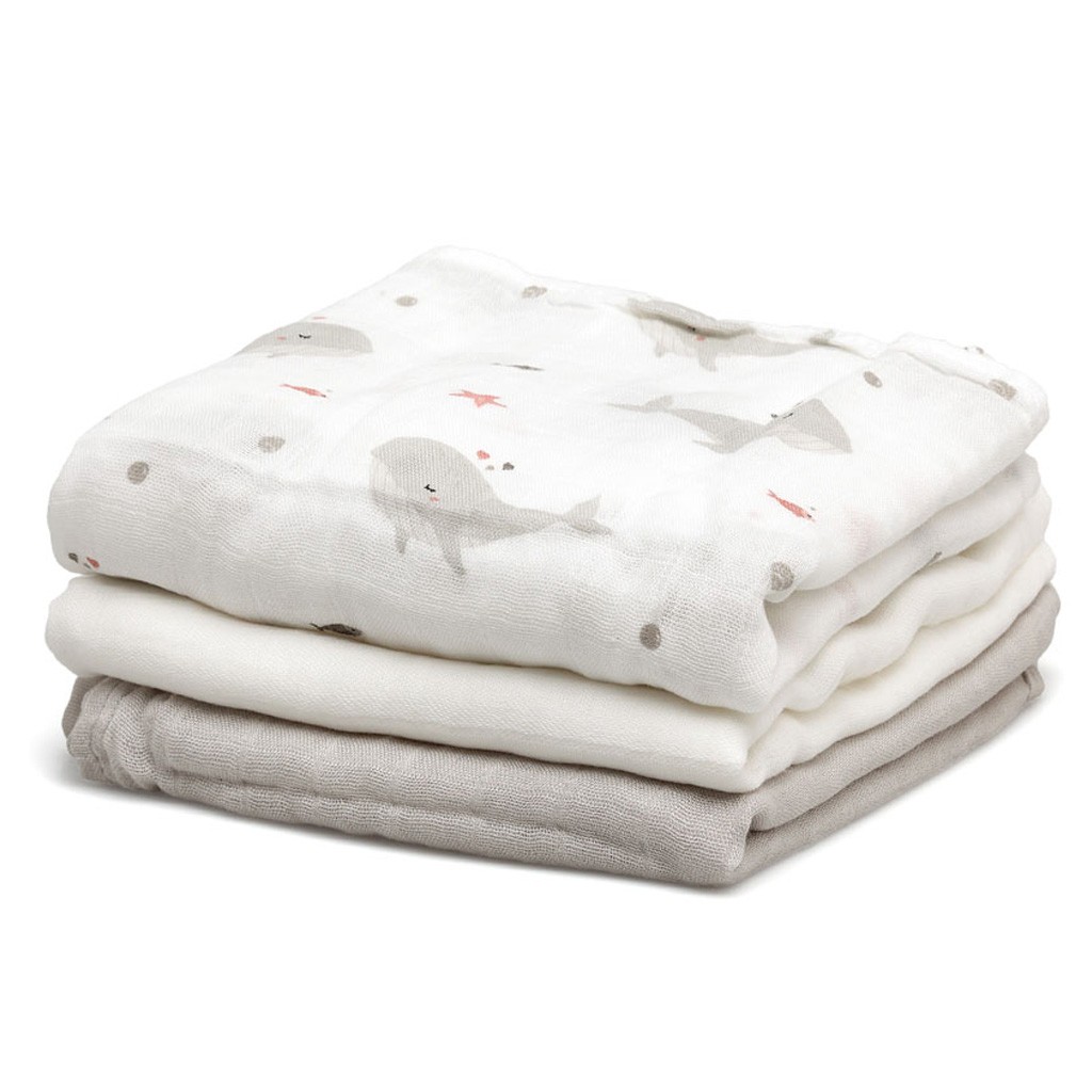 Gasas bebe algod&oacute;n pack 3 70 x 70 ballenita gris