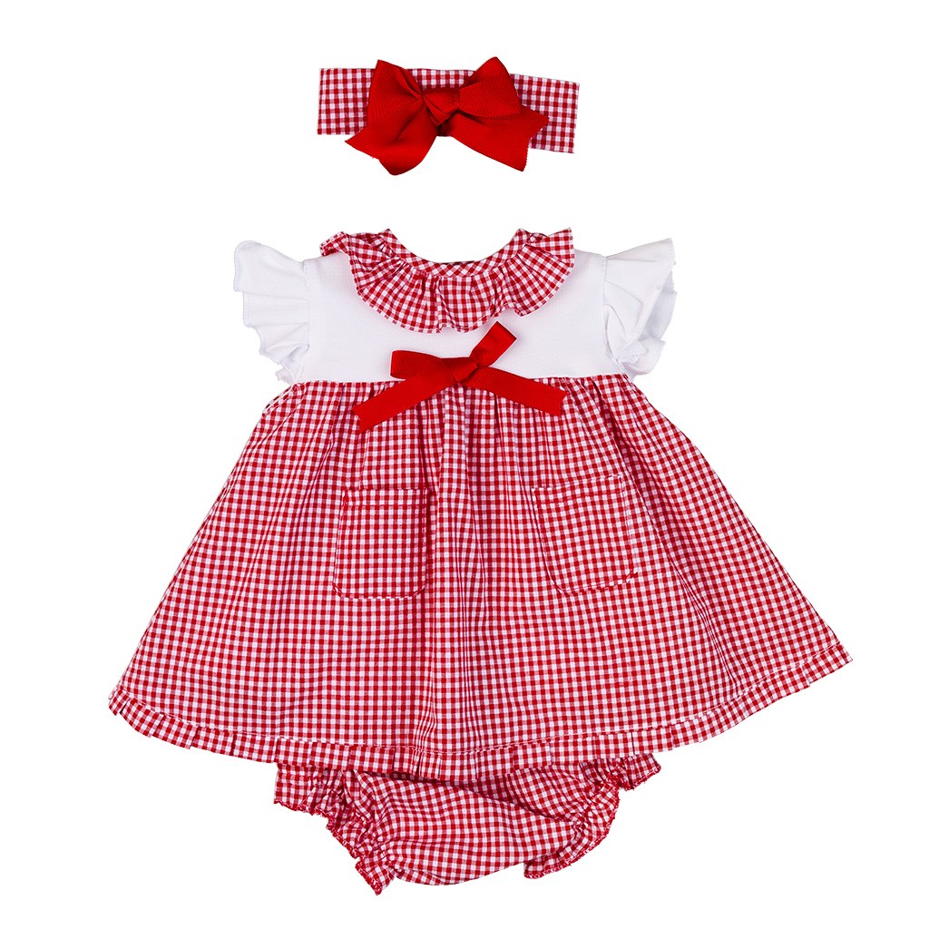 Vestido bebé de cuadros rojos diadema y braga