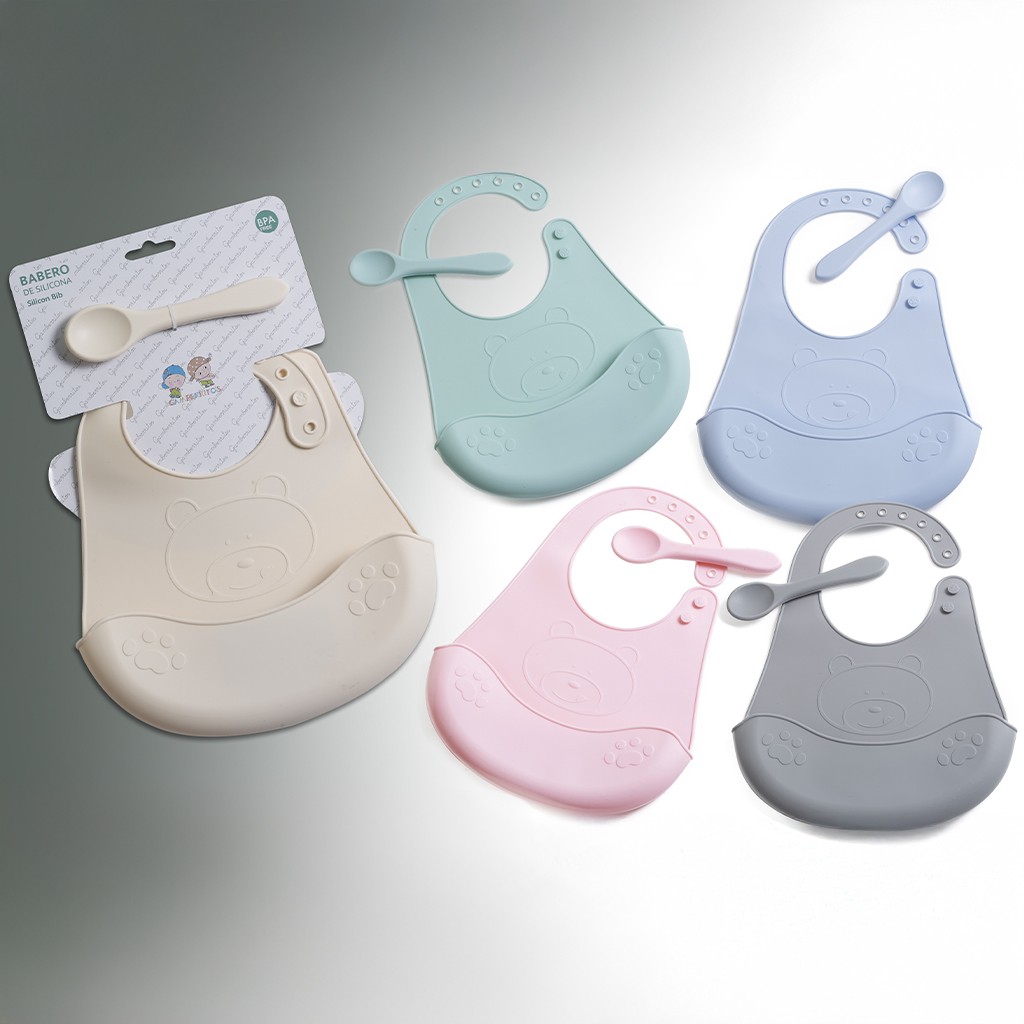 Babero bebe con recoge-migas y cuchara silicona