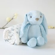 Peluche conejo orejotas celeste y manta estrellas