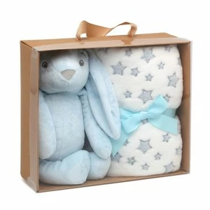 Peluche conejo orejotas celeste y manta estrellas