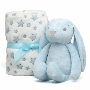 Peluche conejo orejotas celeste y manta estrellas