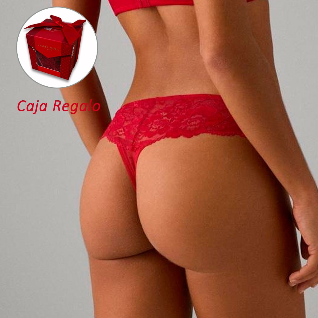 Tanga mujer encaje rojo en cajita regalo con lazo