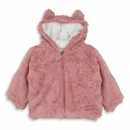 Abrigo beb&eacute; tejido peluche rosa con cremallera
