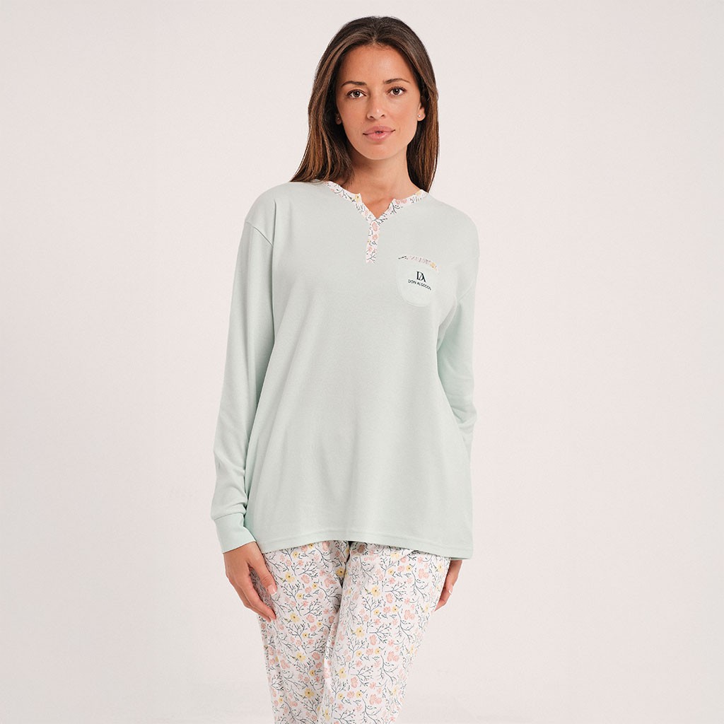 Pijama mujer manga larga cuello pico