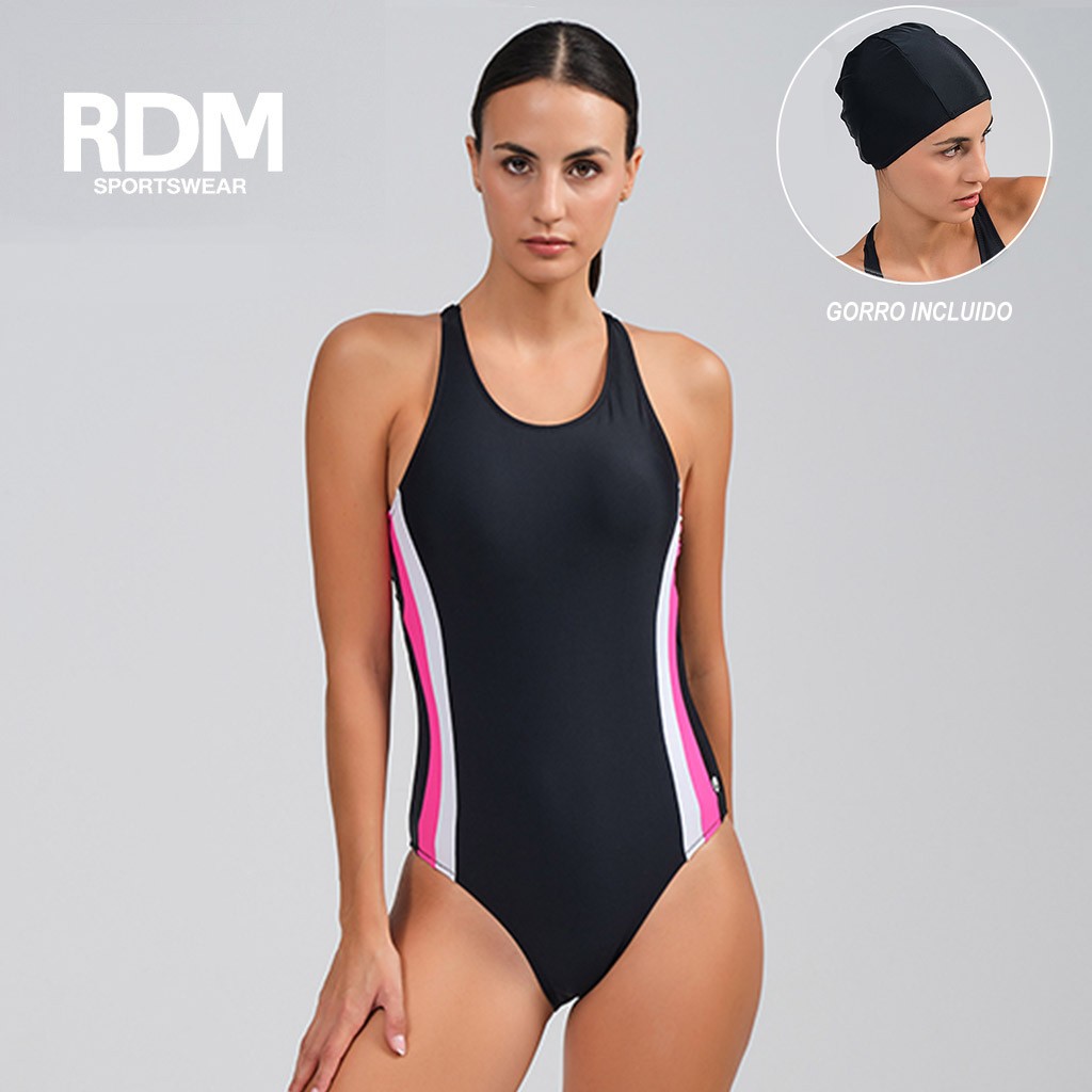 Ba&ntilde;ador deportivo mujer cruzado con gorro piscina