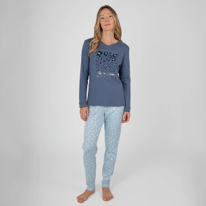 Pijama largo mujer algod&oacute;n azul