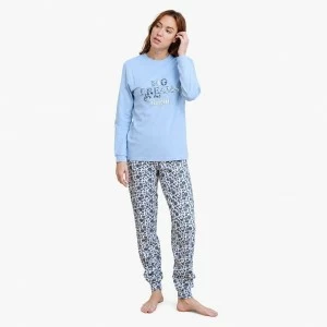 Pijama largo mujer punto interlock azul