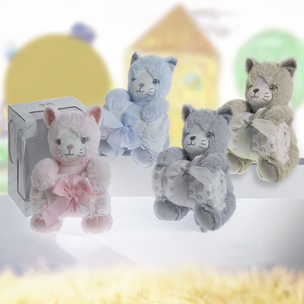 Peluche gatito con manta coralina a juego