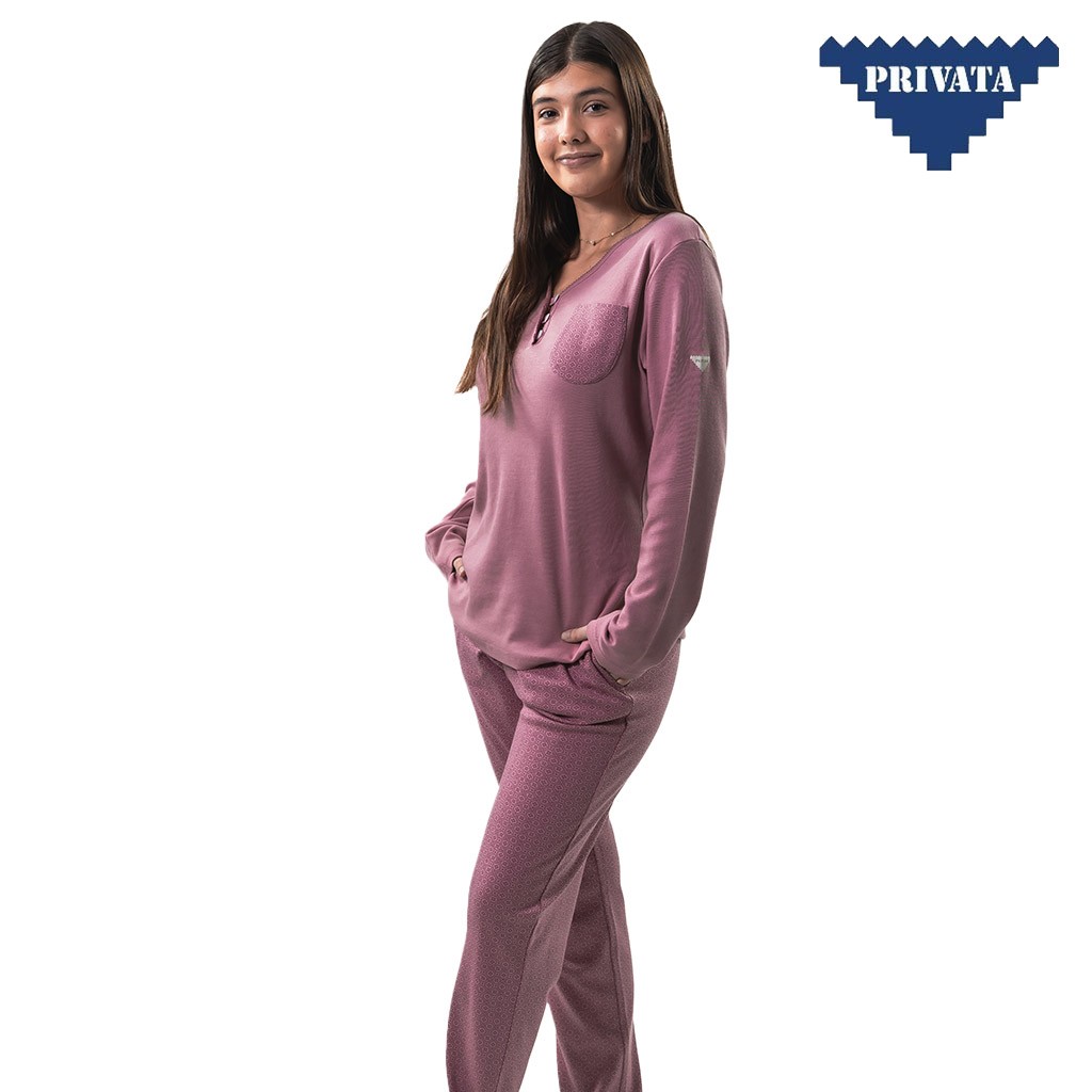 Pijama largo mujer cuello pico con botones