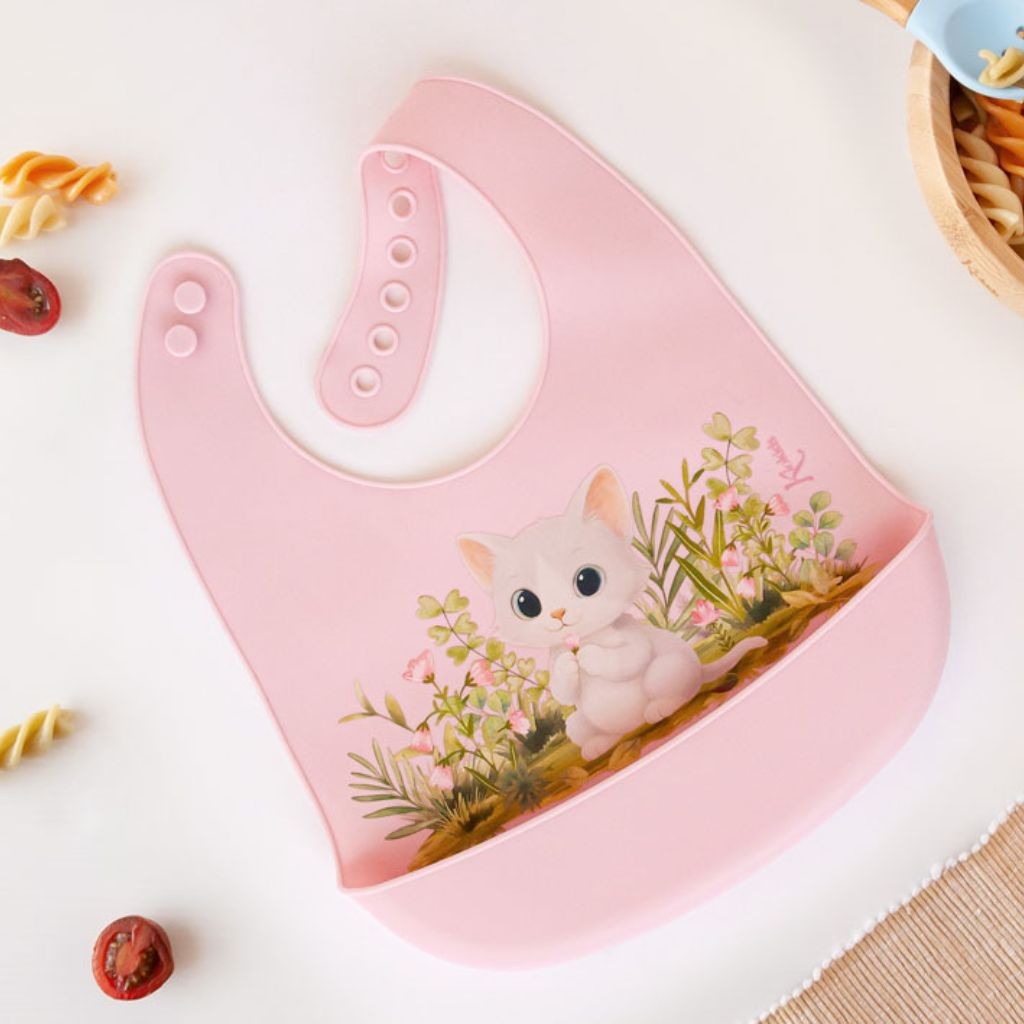 Babero silicona con recogemigas gatio rosa