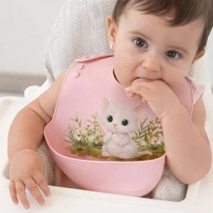 Babero silicona con recogemigas gatio rosa