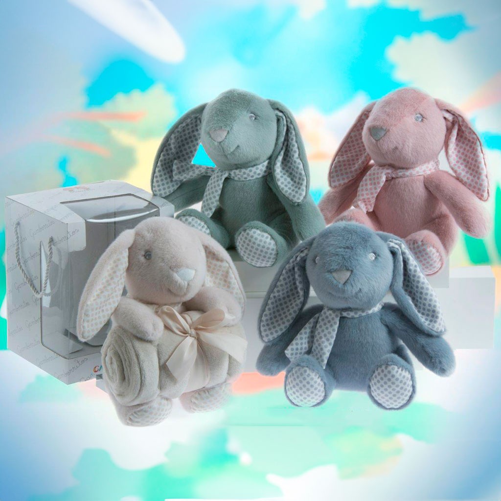 Peluche conejo orejotas con manta a juego