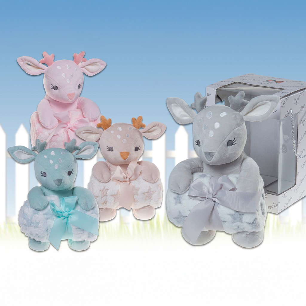 Peluche ciervito con mantita estrellas coralina