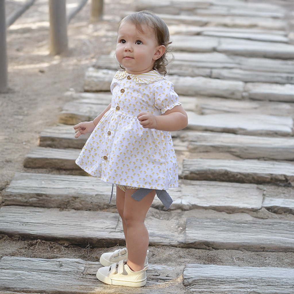 Vestido bebe manga corta algodón estampado pollito