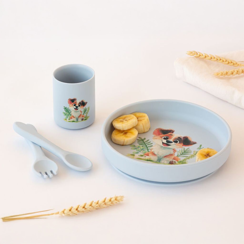 Vajilla bebe silicona 4 piezas perrito celeste