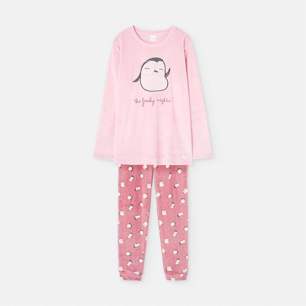 Pijama mujer tejido velour manga larga Pingüino