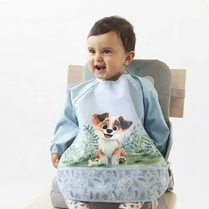 Babero bebe con mangas y recogemigas perrito azul