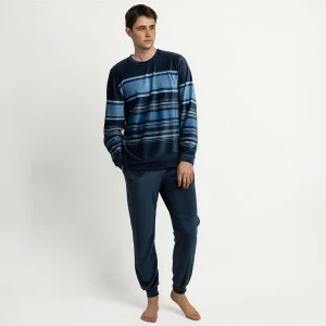 Pijama largo hombre terciopelo azul rayas