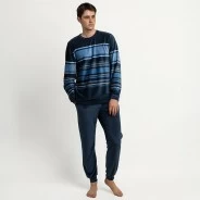 Pijama largo hombre terciopelo azul rayas
