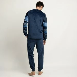 Pijama largo hombre terciopelo azul rayas
