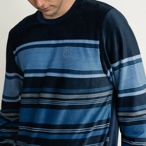 Pijama largo hombre terciopelo azul rayas