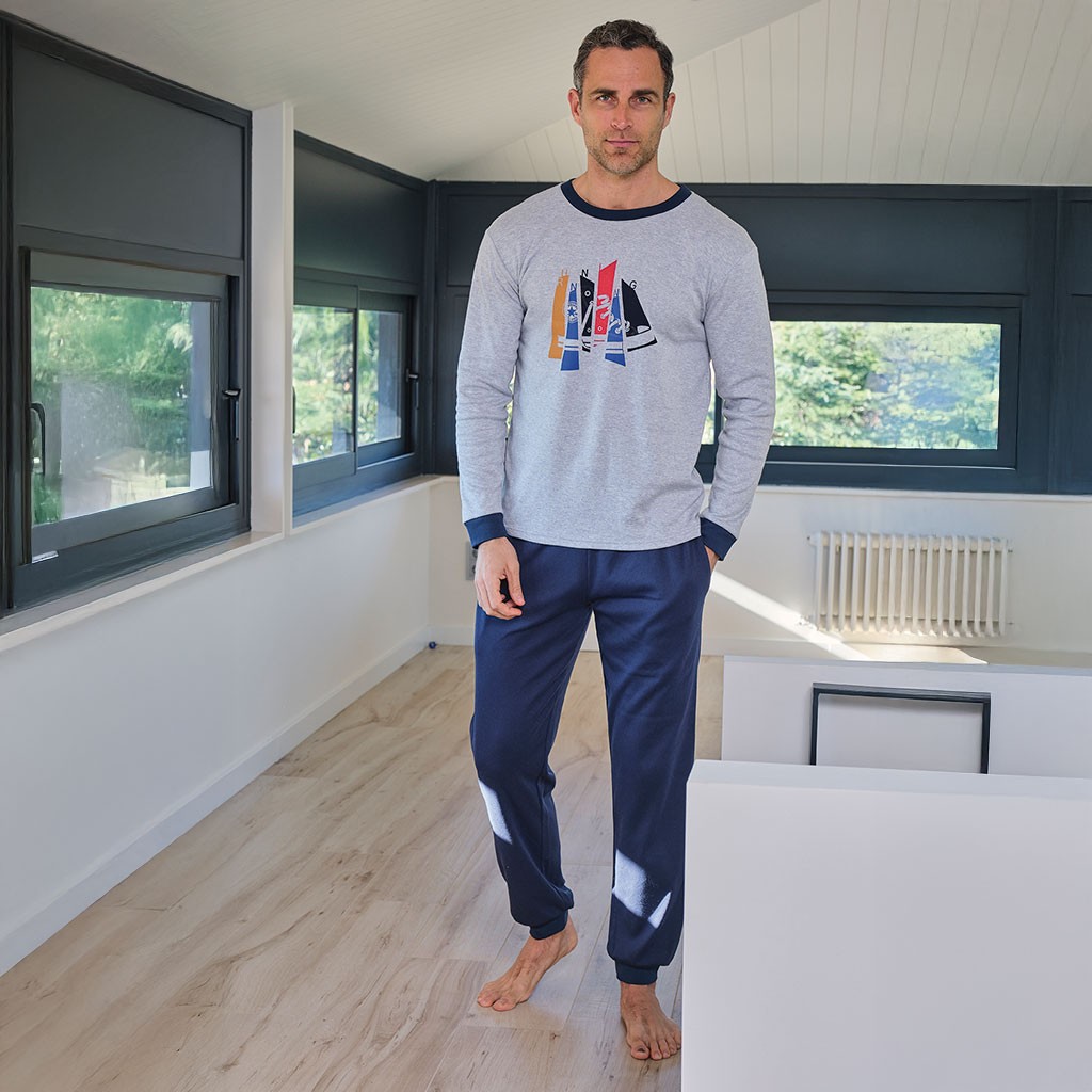 Pijama manga larga hombre cuello redondo