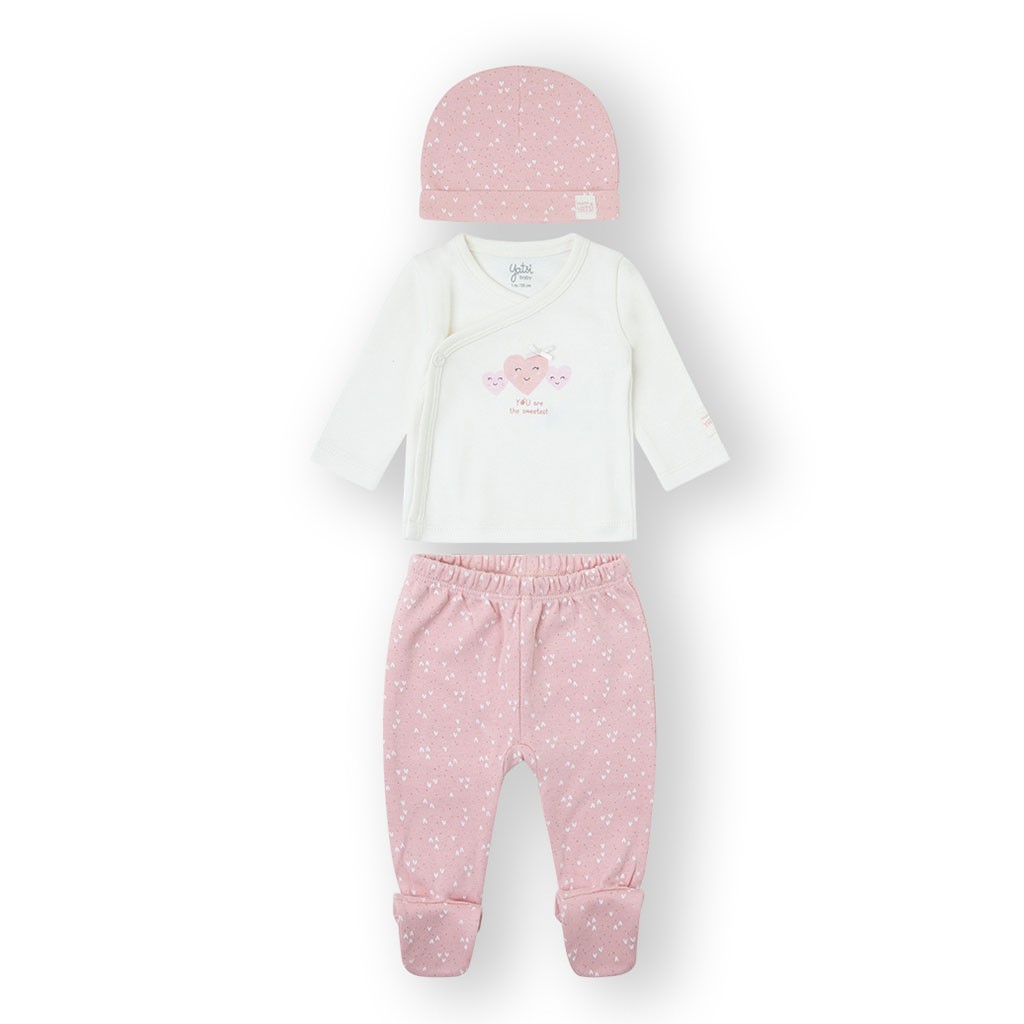 Conjunto bebé niña 3 piezas corazones rosa