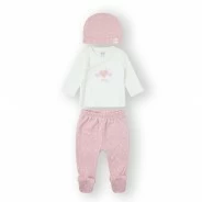 Conjunto beb&eacute; ni&ntilde;a 3 piezas corazones rosa