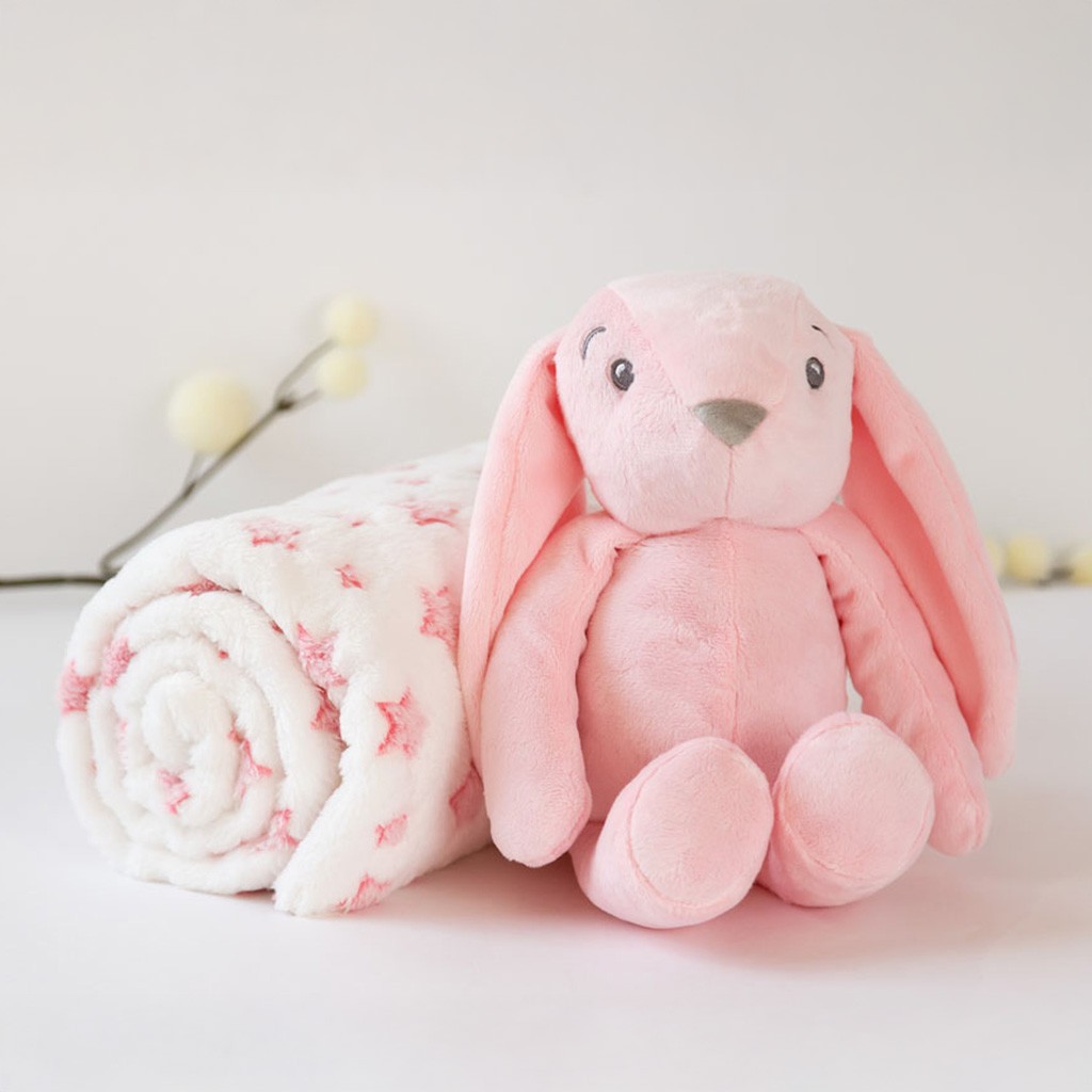 Peluche conejo orejotas rosa con manta estrellas