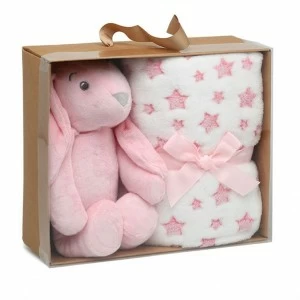 Peluche conejo orejotas rosa con manta estrellas