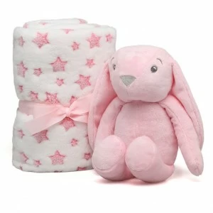 Peluche conejo orejotas rosa con manta estrellas