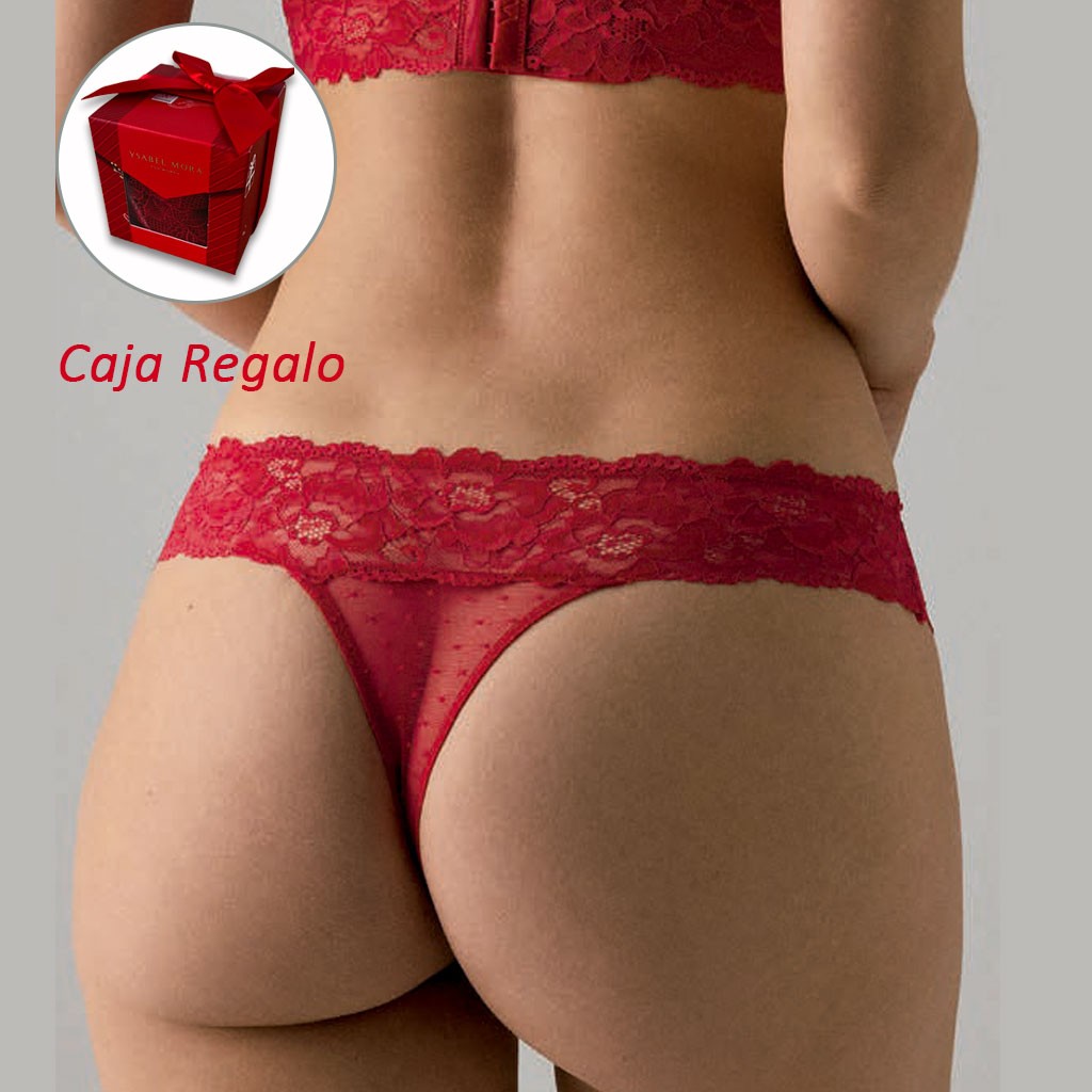 Tanga mujer de fino encaje rojo en caja regalo