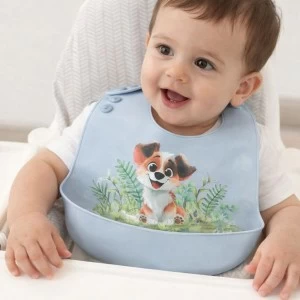 Babero silicona con recogemigas perrito celeste