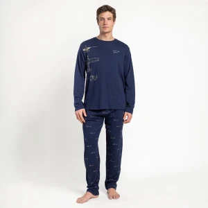 Pijama largo hombre algod&oacute;n azul
